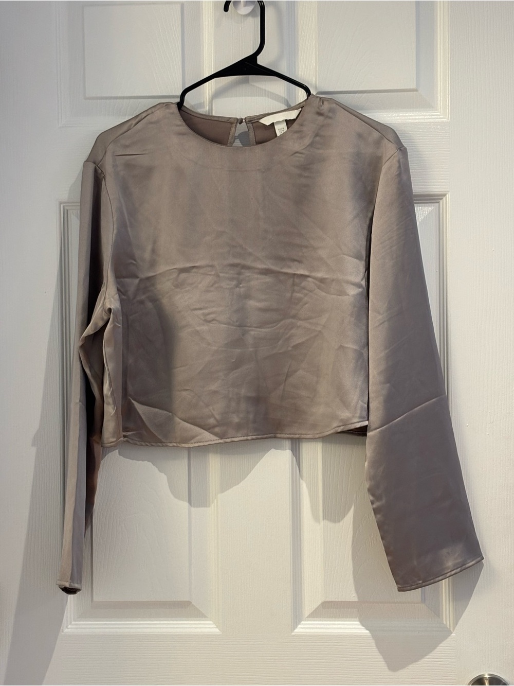 H&M Satin Long-Sleeve Crop Top in Taupe Gray